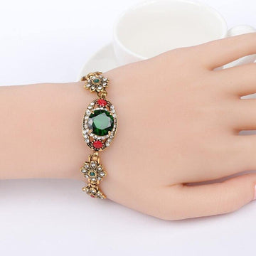 Luxury Green Stone Antique Gold Color Crystal Flower Boho Vintage Bracelet - The Jewellery Supermarket